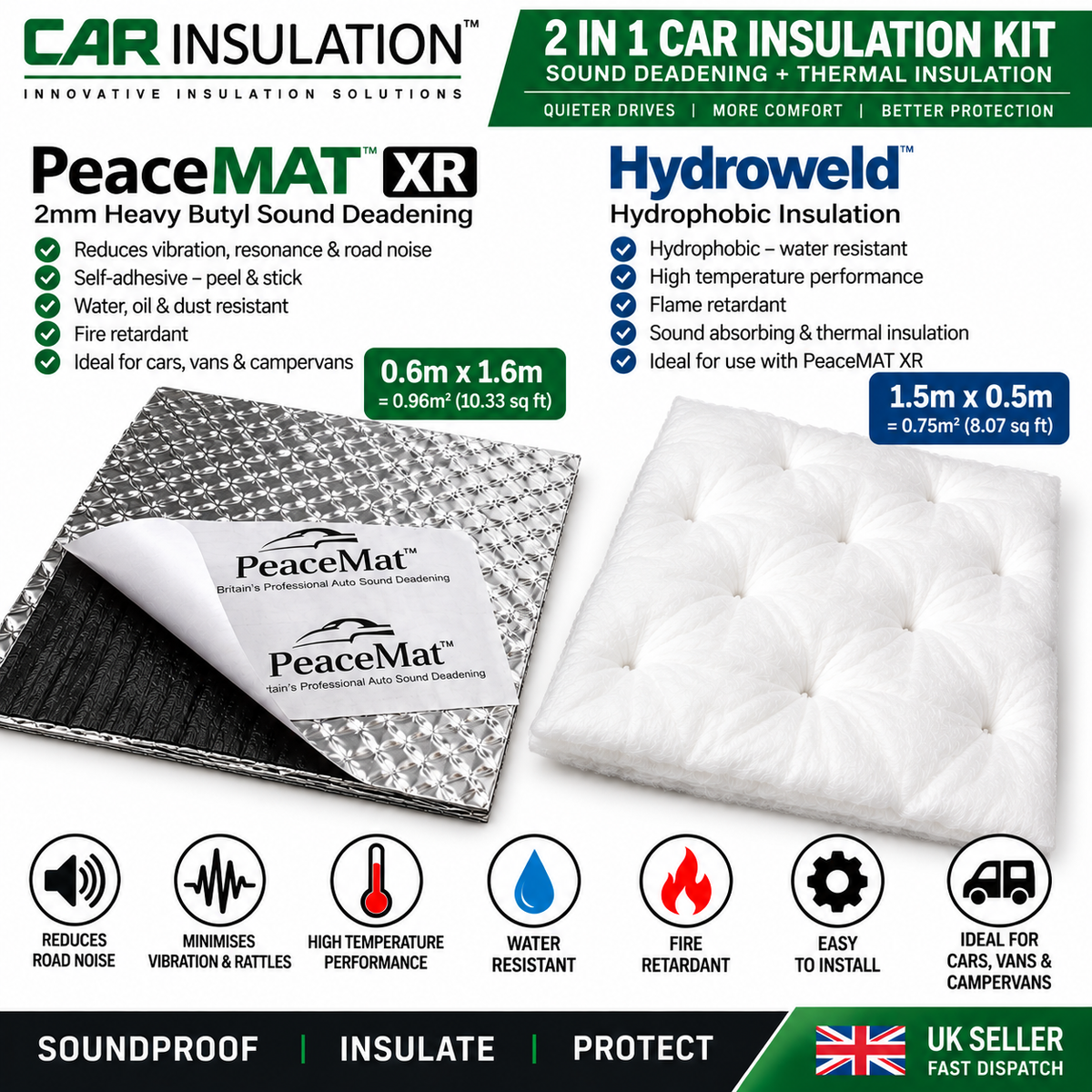 Car & Van Sound Deadening Insulation Kit - PeaceMAT XR 2mm Butyl Mat + Hydroweld Hydrophobic Thermal Insulation
