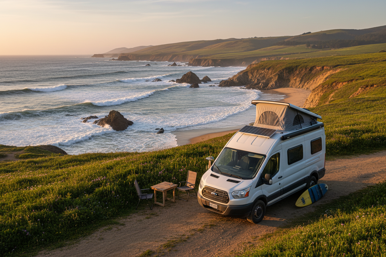 campervan ford transit in the nature seaside